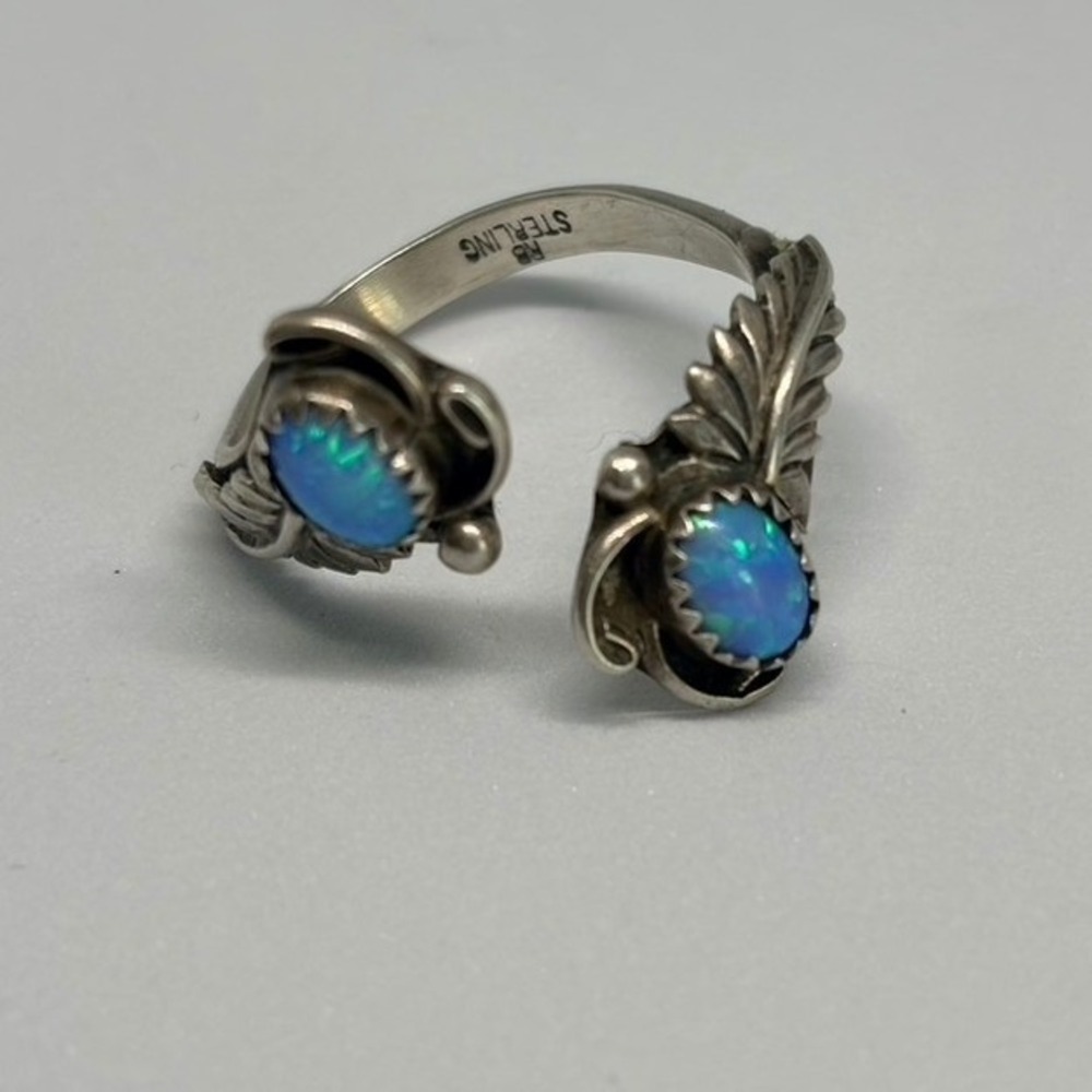 VTG Navajo RB Sterling Silver Blue Opal Feather Bypass Ring Signed Native Tribal
